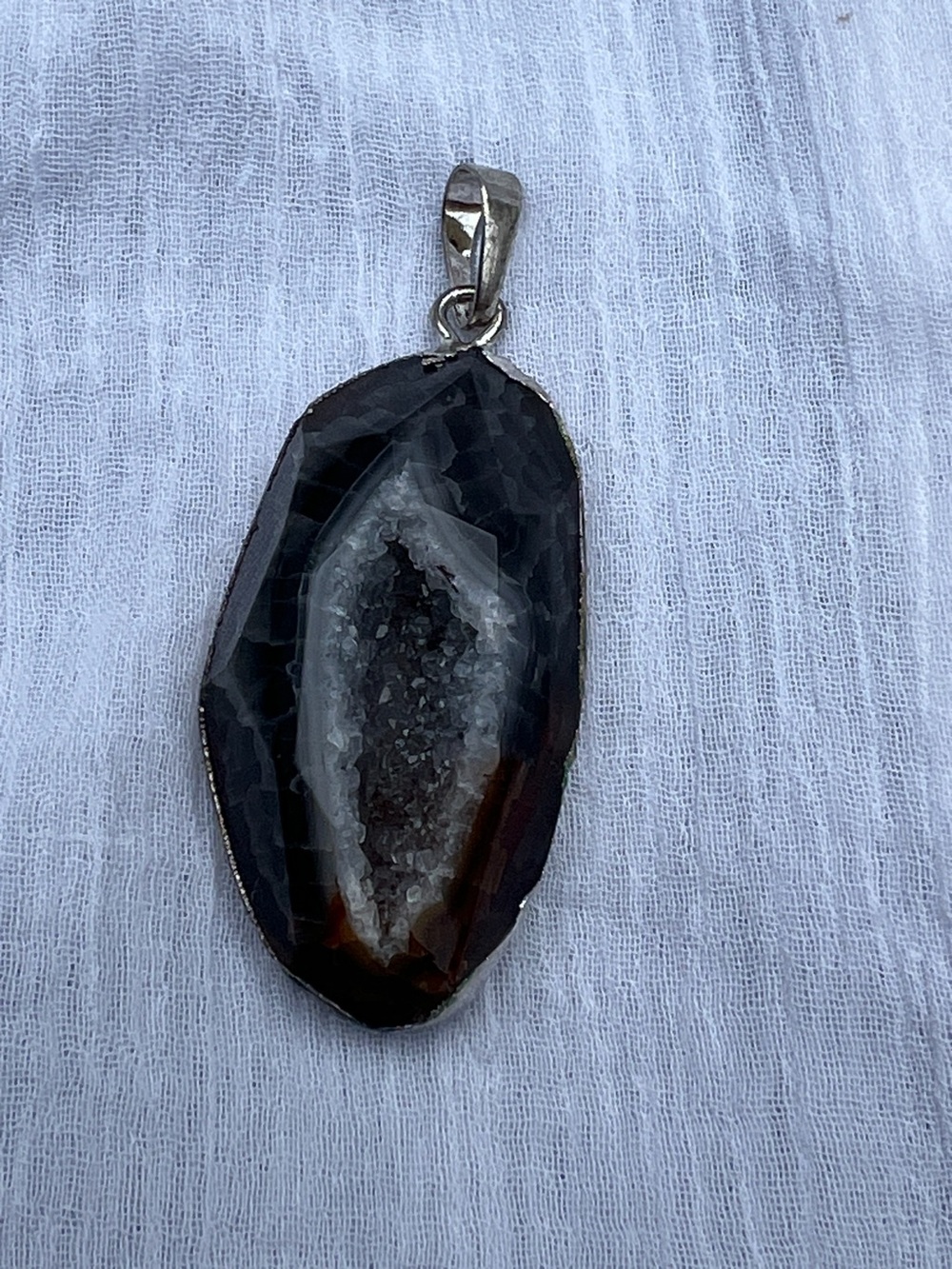 Silver-Edged Black Agate Druzy Geode Pendant